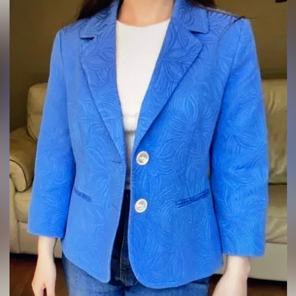 NEW Talbots Jacquard Blazer Jacket womens sz 16 blue floral pockets lined 3/4 sl